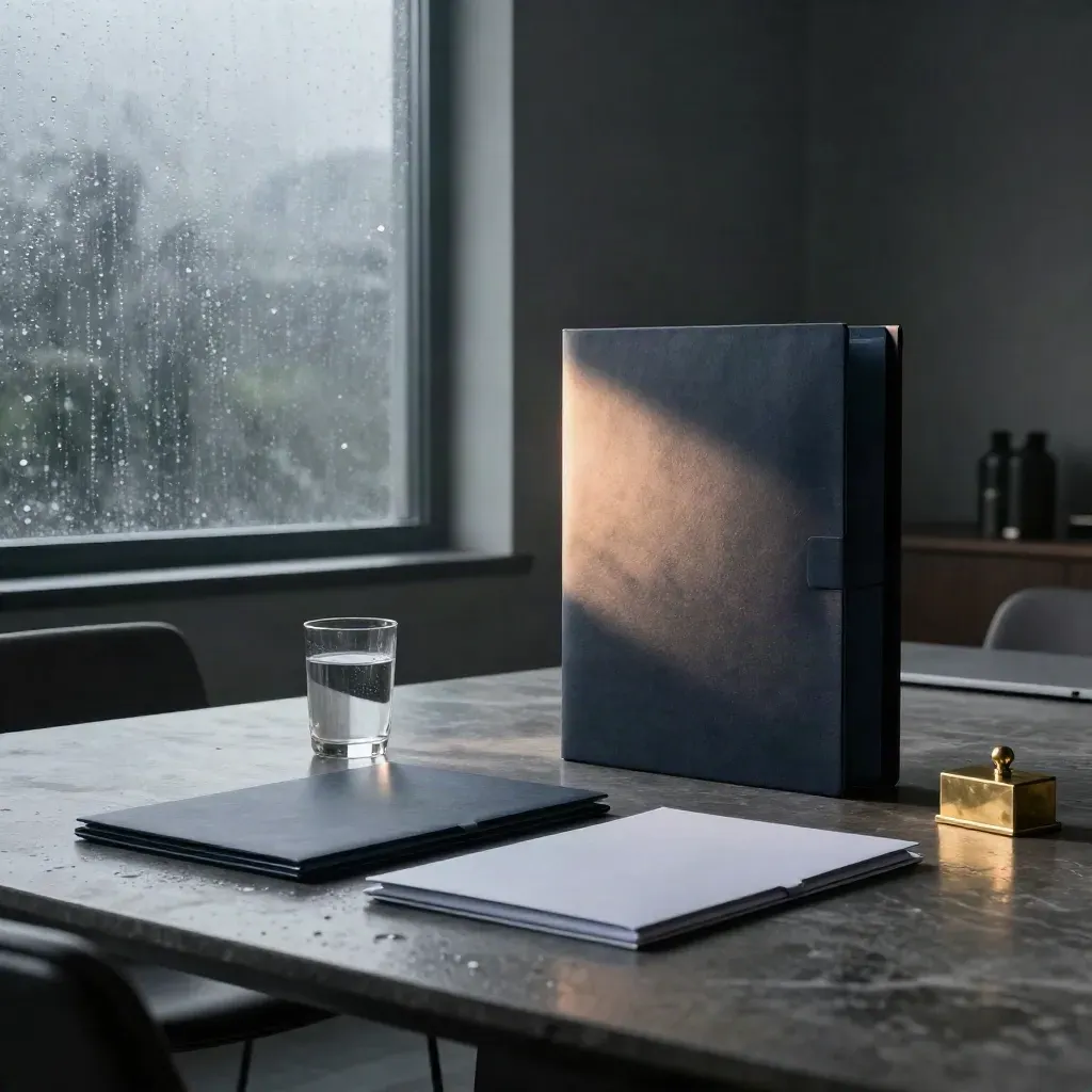Rain-fogged boardroom table with risk pack, folders, laptop and dawn beam by the window.