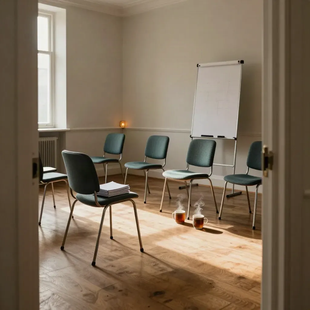 Empty training room with pushed-back chairs, cooling mugs, notebooks and a turned flipchart by afternoon light.
