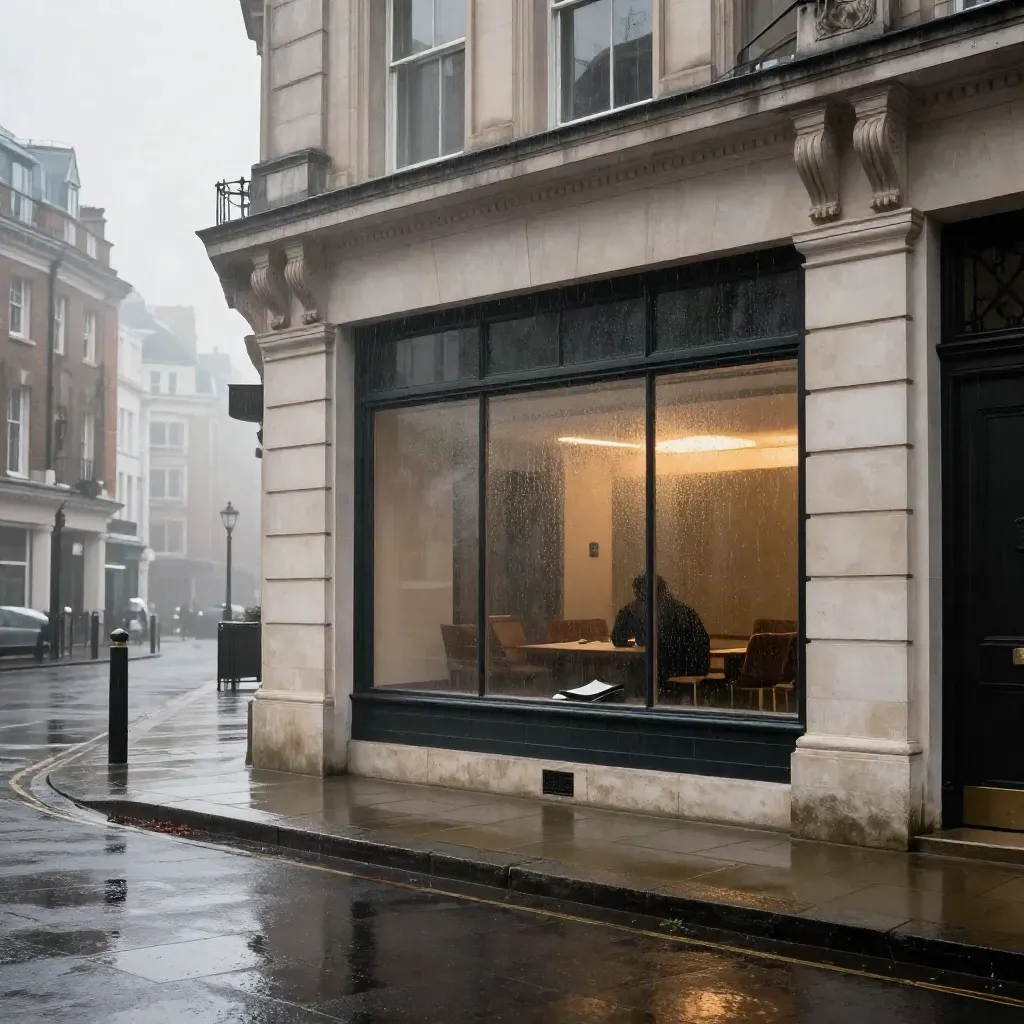 Rainy London office facade with glowing frosted meeting room and folder silhouette
