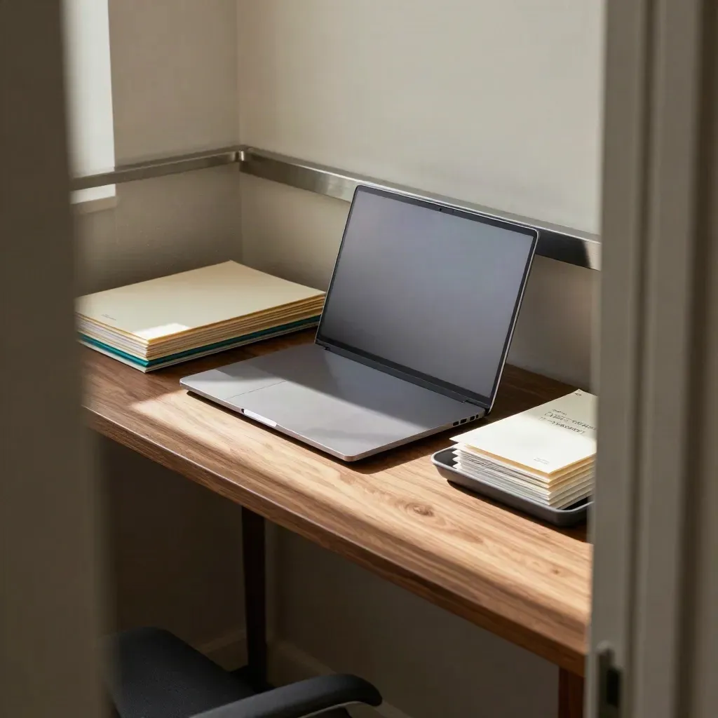 High-angle office nook with folders, closed laptop and sunstripe through a half-open blind.