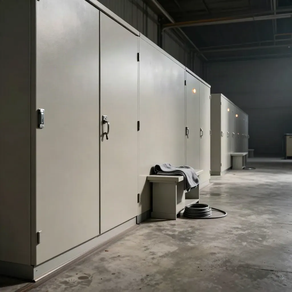 Warehouse corridor of sealed cabinets, status lights and a folded cloth on a bench.