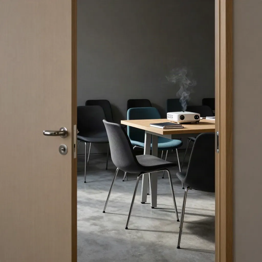 Reset seminar room with chairs, closed notebooks, projector, and lingering steam