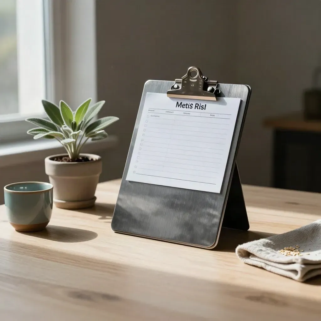 Dark inspection clipboard with plant and ceramic cup on pale wood, lit by soft side window.